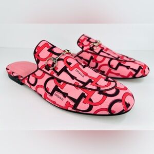 Gucci Princetown Horsebit Logo Print Pink Fabric Flat Loafer Mules Size EU 39